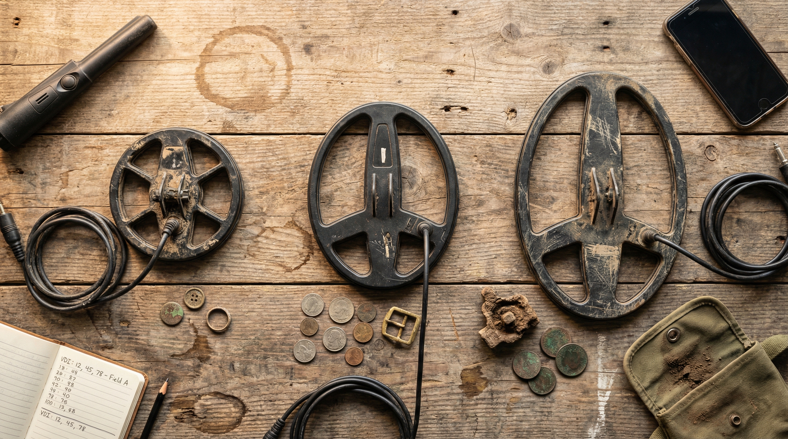 Multiple metal detector coils laid out on a workbench with finds and field notes