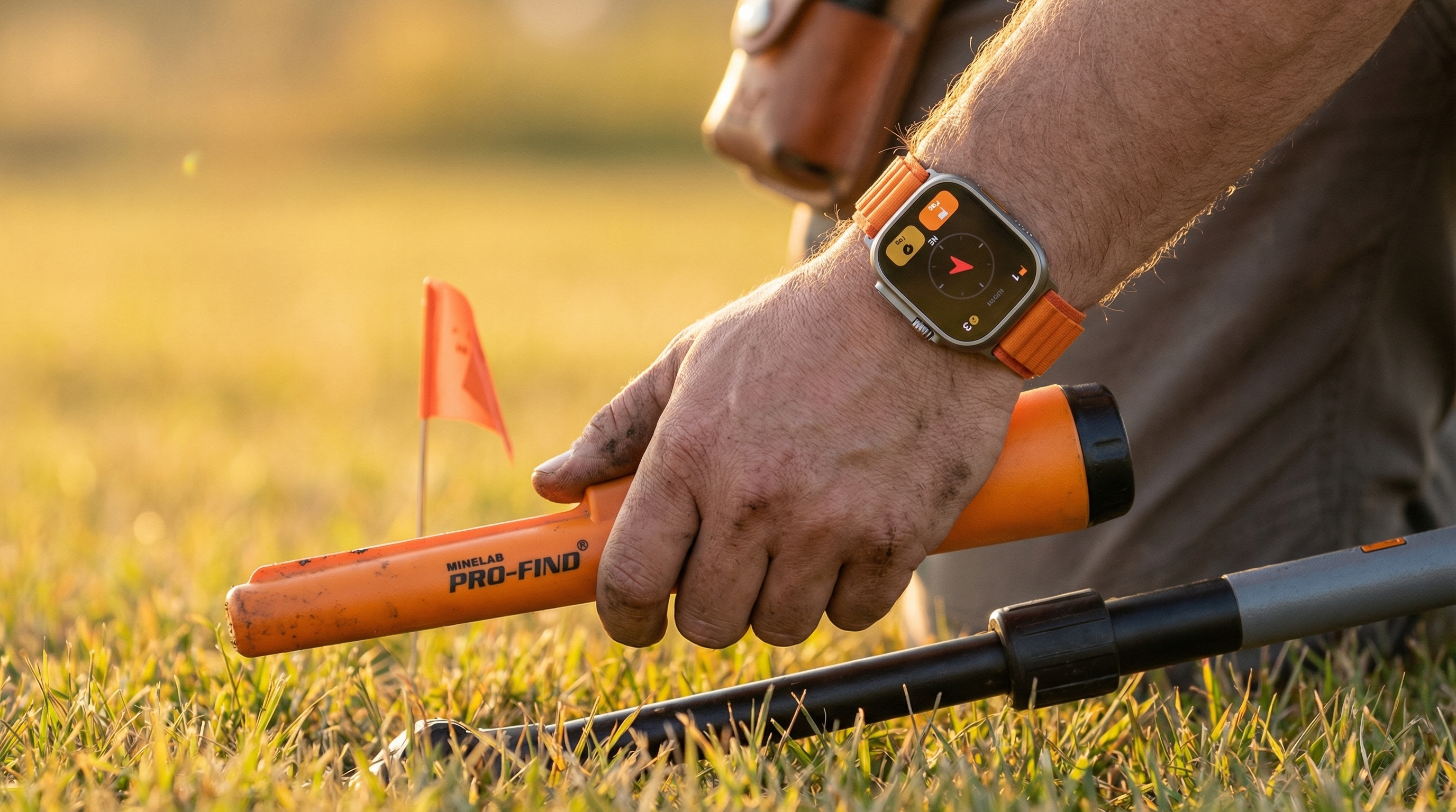 Close-up of a detectorist's wrist showing an Apple Watch while swinging a metal detector