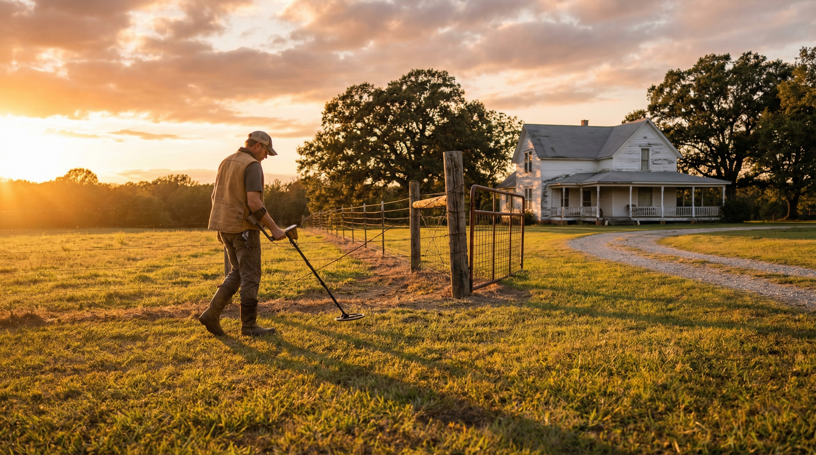 Metal detectorist scanning a field on private land with permission