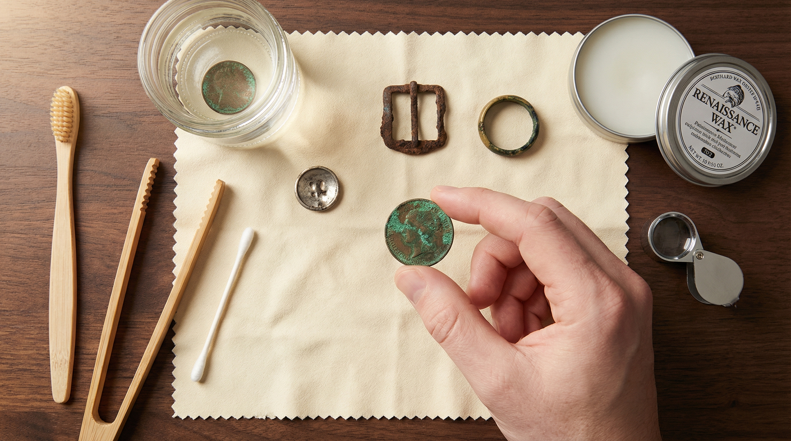 Close-up of old coins and relics on a soft cloth beside gentle cleaning tools