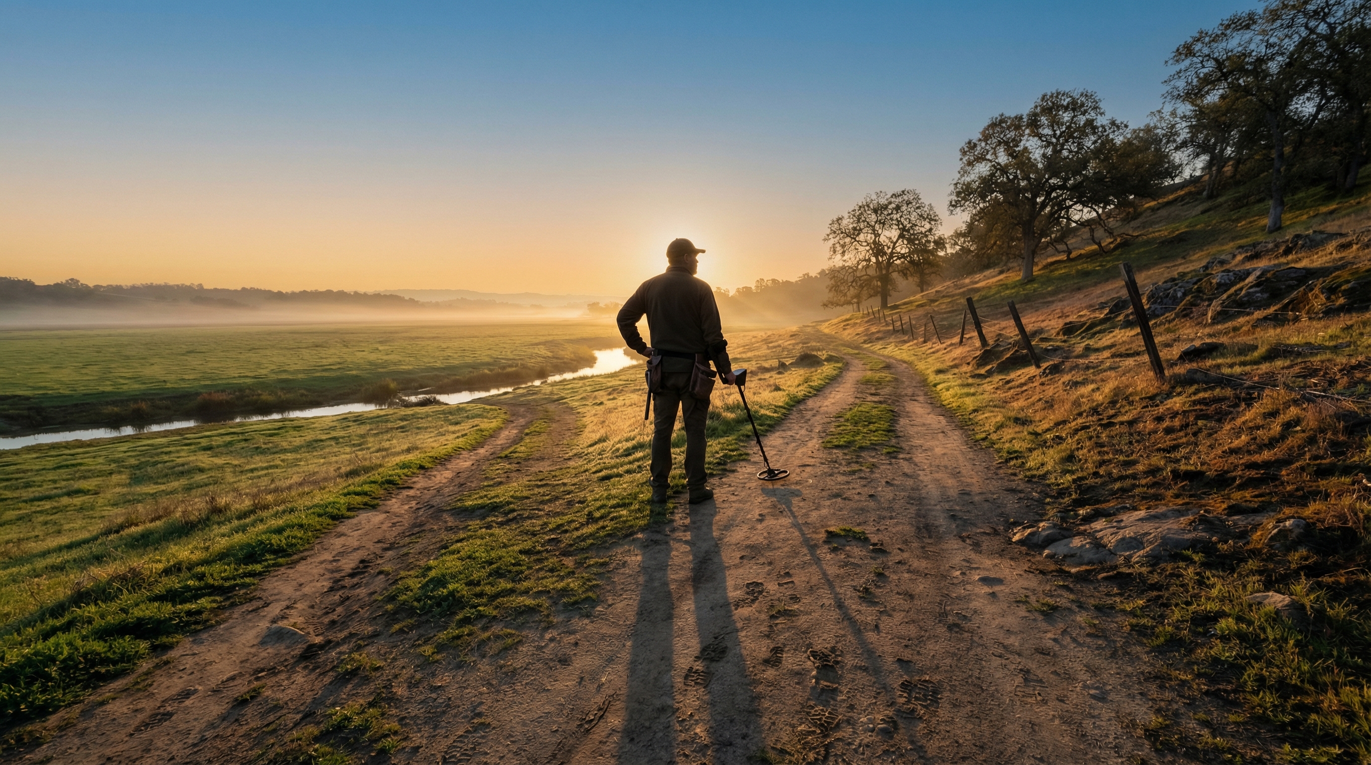 Detectorist at a crossroads between two fields at sunrise
