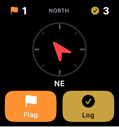 Aureal Apple Watch interface showing find and flag buttons during an active hunt