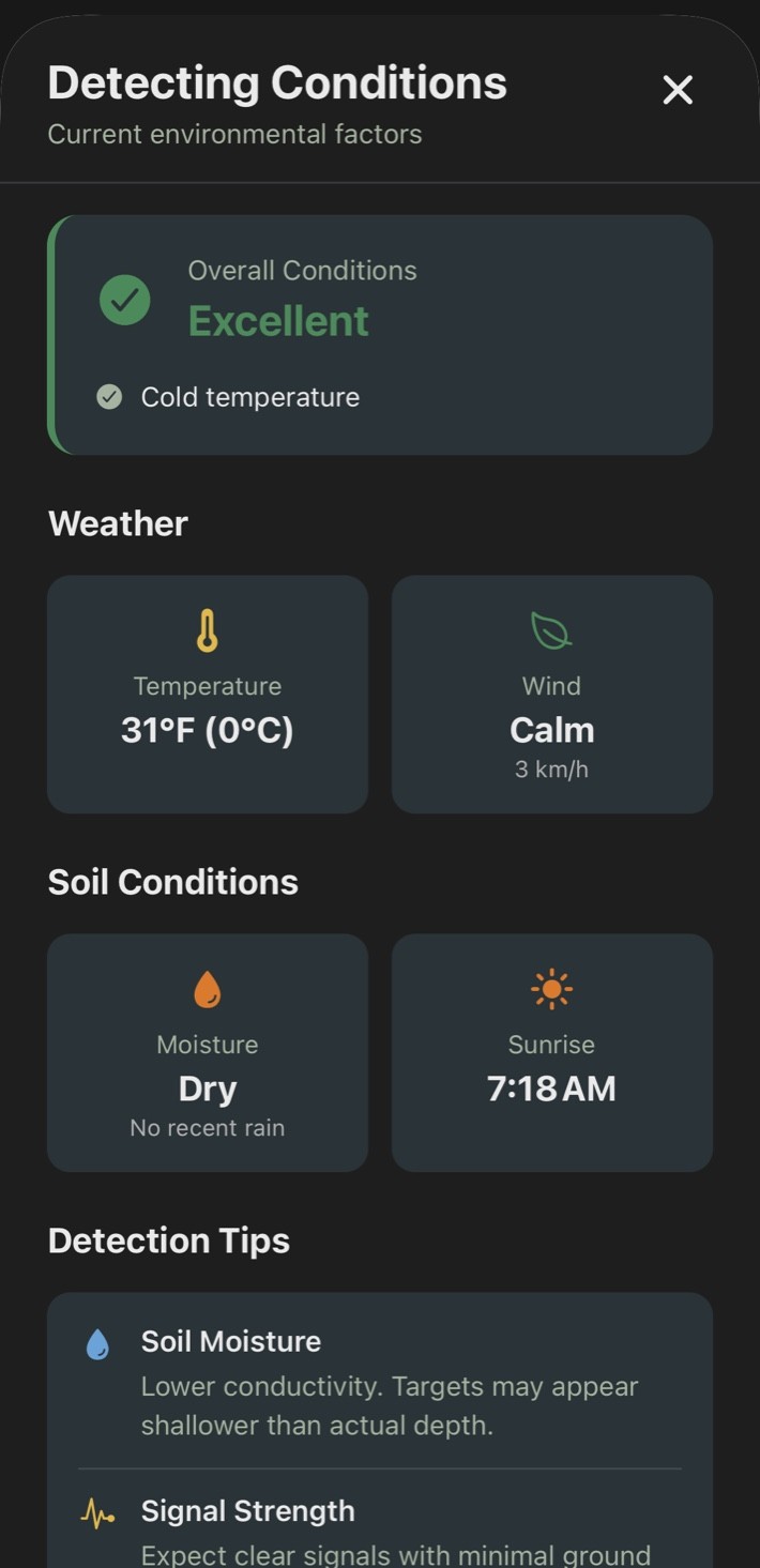 Aureal detector statistics screen showing finds per hour and VDI distribution