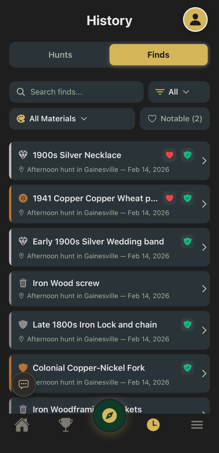 Searchable finds history and permanent logbook