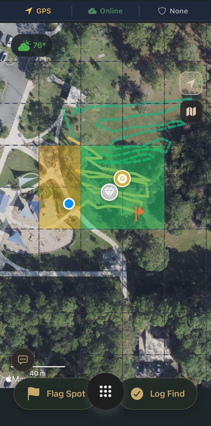 Aureal active hunt screen showing a real-time GPS trail on the map