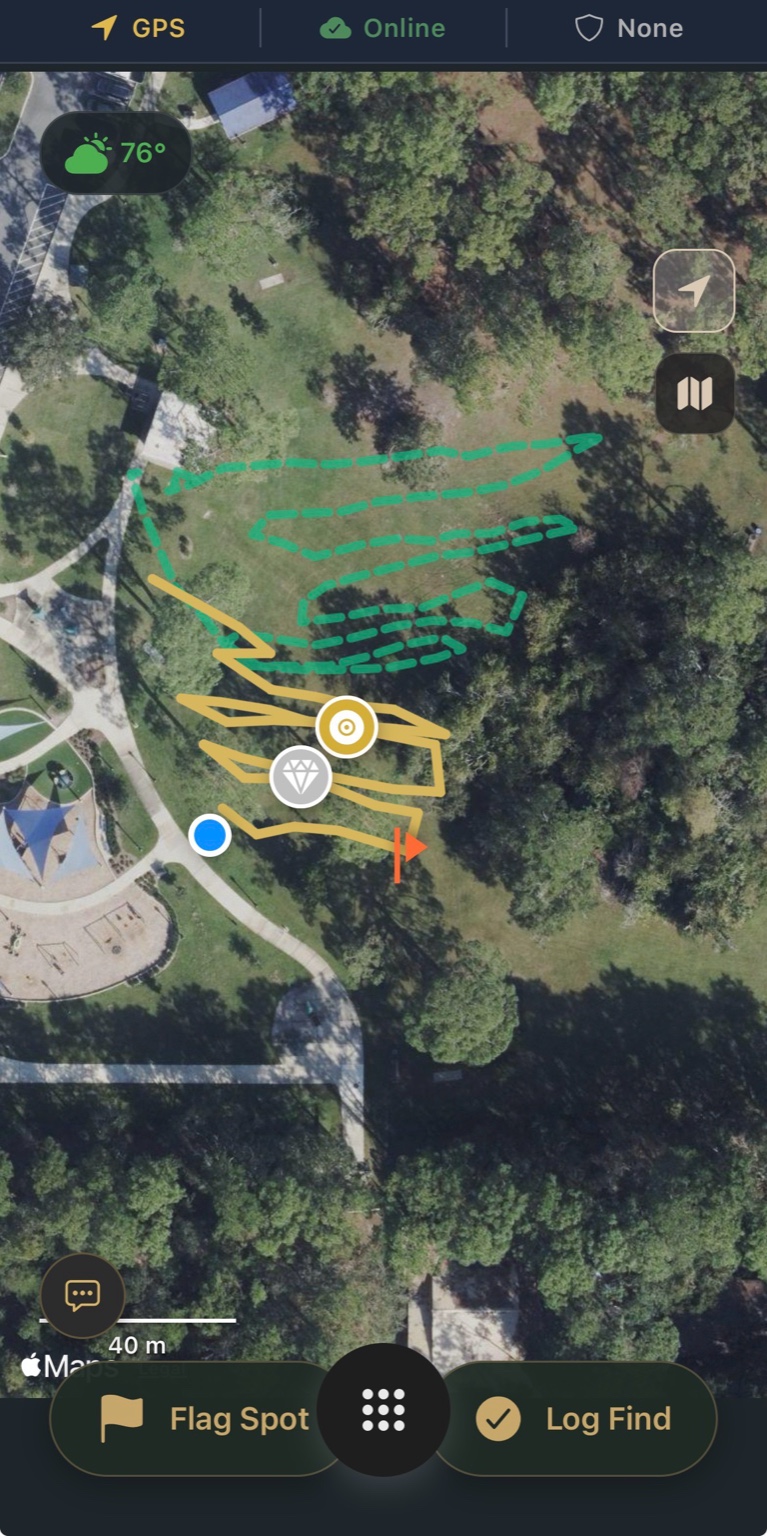 Past hunt trails overlaid on the map showing previous coverage at a detecting site
