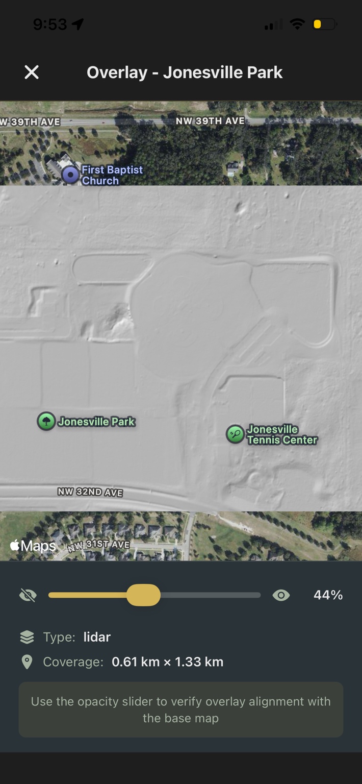 Aureal overlay upload screen showing a historical map placed over a modern satellite view